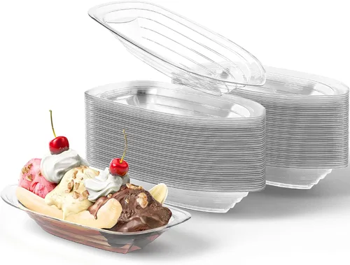 Miniatura 9 de Paquete de 50 botes divididos de plátano súper divertidos y reciclables. El mejor combo de cuencos desechables de 12 onzas + 8 onzas para helados.