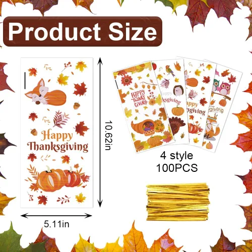 Miniatura 2 de ABTOLS 100 bolsas de celofán de Acción de Gracias, bolsas de celofán de otoño, calabaza, hojas de otoño, pavo, girasol, búho, bolsas de regalo