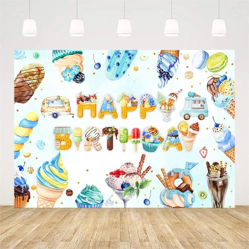 Miniatura 2 de AIBIIN Telón de fondo de cumpleaños de helado de 7 x 5 pies para niños y niños, helado de verano, decoraciones de fiesta de feliz cumpleaños, pastel