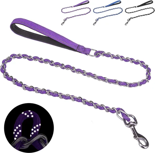 Miniatura 12 de HOMIMP Correa de perro a prueba de mordidas para perros medianos y grandes, correa reflectante de cadena de metal resistente de 6 pies con mango