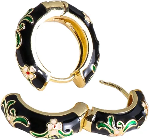 Miniatura 4 de Aretes de aro pequeños con diseño de flores esmaltadas vintage, estilo japonés, para mujer