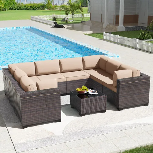 Miniatura 97 de Kullavik Juego de 13 muebles de patio al aire libre con mesa de fogata de gas propano de 43 pulgadas, 55000 BTU, mimbre de polietileno, sofá Arena