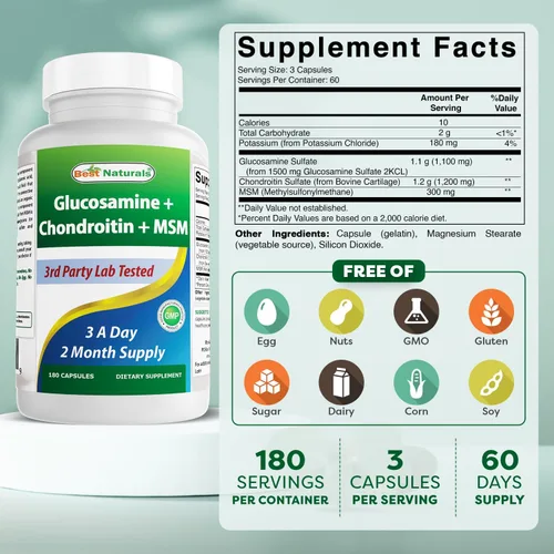Miniatura 2 de Best Naturals Glucosamina condroitina y MSM (no OGM) - Promueve la salud de las articulaciones - 180