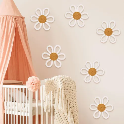 Miniatura 4 de Zeyune 6 piezas de decoración de pared de margaritas bohemias tejidas en macramé, frontones de pared bohemios, margaritas florales, decoración