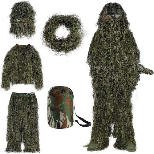 Slendor Traje Ghillie - Traje Ghillie 5 en 1 para caza, trajes de camuflaje 3D unisex para adultos y jóvenes, S/M/L/XL/XXL