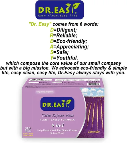 Miniatura 7 de DR.EASY Hojas para Secadora Fórmula a Base de Plantas 252 Unidades Hojas Suavizantes de Tela para Lavandería Aceite Esencial de Lavanda Perfumadas