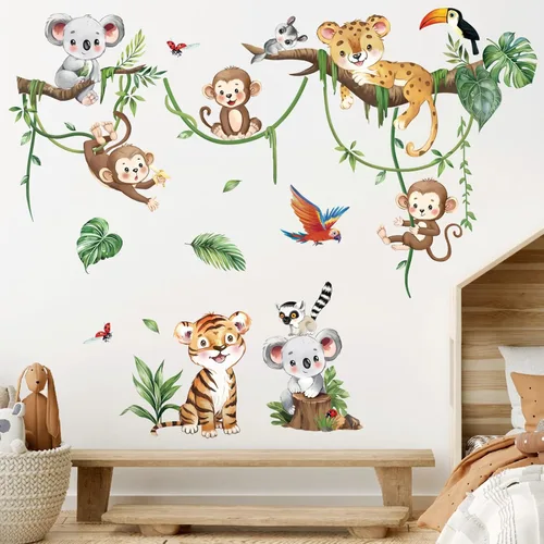 decalmile Calcomanías de pared de rama de árbol de animales de selva, safari animal, mono, koala, calcomanías de pared para bebé, guardería,