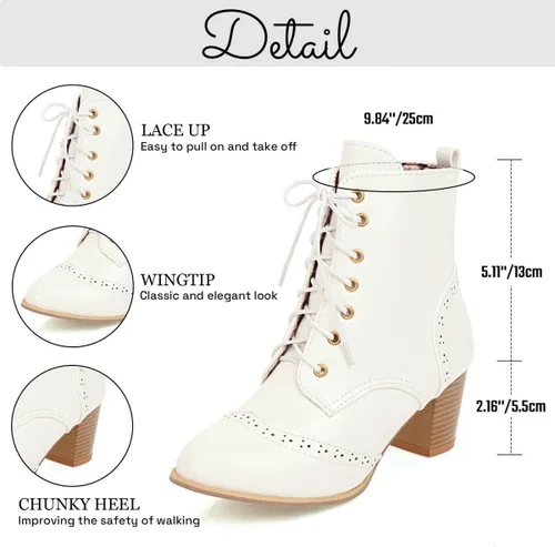 Miniatura 4 de Betastella Botas de tobillo con cordones para mujer, tacón grueso, con cierre lateral, botas cortas de vestir con cremallera lateral