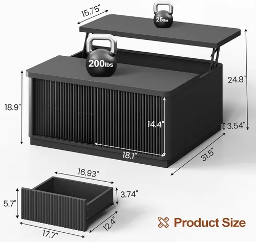 Miniatura 2 de Itaar 39.4'' Lift Top Coffee Table with Storage, Fluted Coffee Tables for Living Room, Square Coffee Table with Large Hidden Compartment & 2 Drawrs