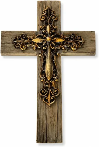 Comfy Hour Cruz de pared decorativa en capas de 13 pulgadas, cruz de tono cobre estilo antiguo sobre base de aspecto de madera rústica, placa de