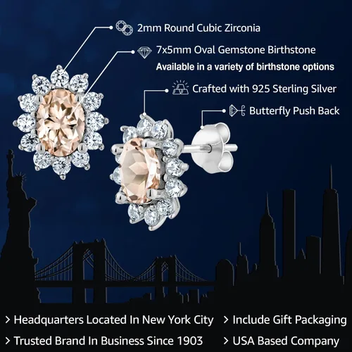Miniatura 58 de Gem Stone King Aretes ovalados de plata de ley 925 de 0.276 x 0.197 in con piedra natal de la princesa Diana, estilo halo real para mujeres