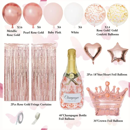 Miniatura 2 de Kit de decoración de fiesta de cumpleaños de oro rosa para mujeres y niñas, confeti de oro rosa, globos de feliz cumpleaños rosa, cortinas