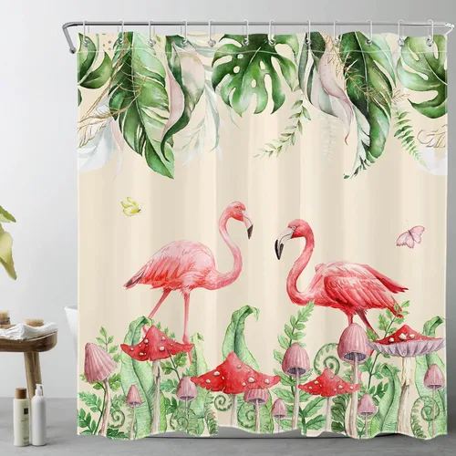 Miniatura 17 de Juego de cortinas de ducha de flamenco rosa, hoja verde salvia con hongo rojo, cortina de ducha para baño, cortina de ducha tropical de hoja