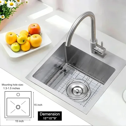 Miniatura 2 de VAPSINT Fregadero de barra de 15 x 15 pulgadas, fregadero de cocina pequeño hecho a mano de acero inoxidable de 16 calibres para preparación