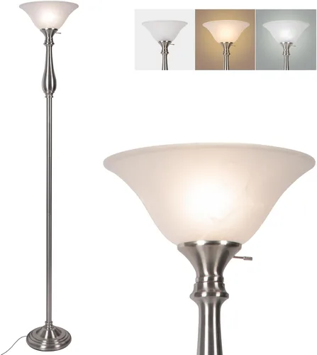 HonoDing Torchiere - Lámpara de pie para sala de estar, lámpara de pie con pantalla de cristal de alabastro blanco, lámparas de pie de níquel