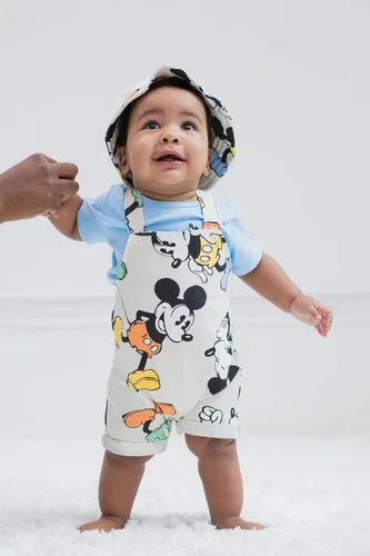 Miniatura 26 de Disney Conjunto de 3 piezas de overoles cortos de rizo francés para bebé, camiseta y sombrero, tallas de recién nacido a bebé (0-24 meses)
