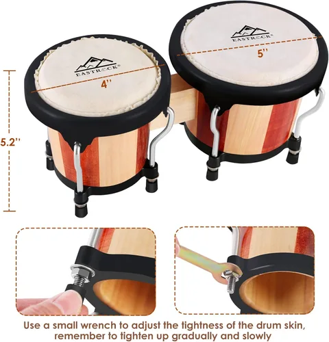 Miniatura 5 de EastRock Bongo - Juego de tambor de 4 y 5 pulgadas para adultos, principiantes, profesionales, instrumentos de percusión de madera y metal con llave