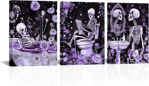 Miniatura 6 de FuShvre Decoración de esqueleto para baño, cuadros artísticos de pared de esqueleto Moody para baño, pintura gótica para decoración del hogar, Negro