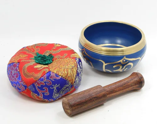Miniatura 2 de DharmaObjects - cuenco para cantar el Om de la paz, para meditación relajante de yoga. Juego de almohadilla de seda, juego de martillo de Azul
