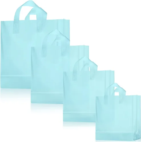 Miniatura 11 de Weewooday 100 bolsas de regalo de plástico esmerilado con asas para pequeñas empresas, bolsas de compras transparentes con parte inferior de cartón