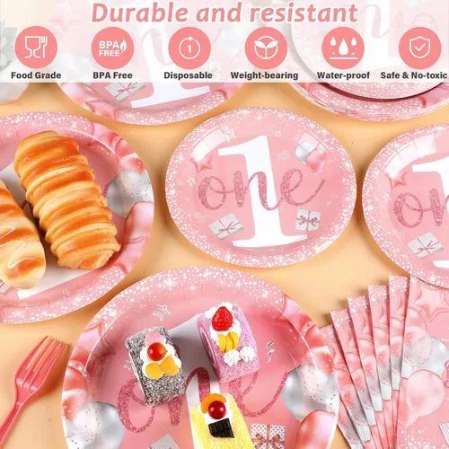 Miniatura 3 de 96 piezas de suministros de primera fiesta para niña, platos de papel rosa de un año, decoración de primer cumpleaños, color rosa, desechable, juego