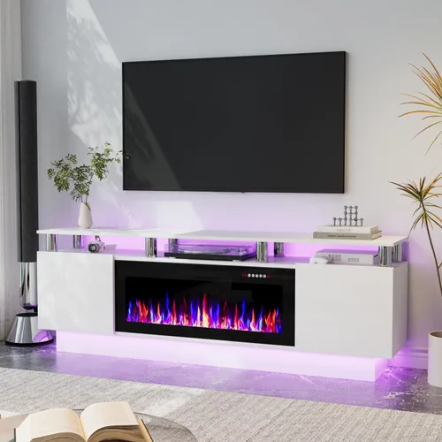 Miniatura 22 de Soporte de TV con chimenea de 36 pulgadas, soporte de TV negro de 70 pulgadas para sala de estar, moderno soporte de TV con chimenea eléctrica