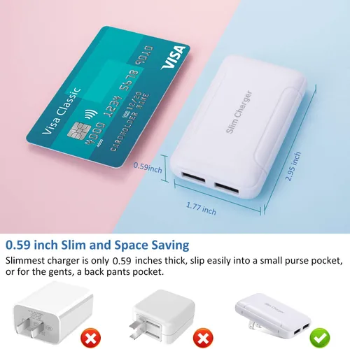 Miniatura 2 de Cargador de pared delgado, paquete de 2 cargadores de pared USB-A de doble puerto de 3A/5V con enchufe plegable, enchufe de pared USB doble plano