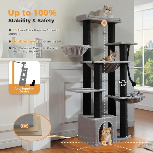Miniatura 4 de MUTTROS Maine Coon Árbol para Gatos-67 Torre Grande para Gatos de Interior Gatos Grandes Adultos con 7 Postes Rascadores Negros Gruesos (φ4.3)