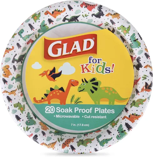Glad Platos de papel desechables con diseño de dinosaurio para niños, 7 pulgadas, platos de papel para niños a prueba de remojo y aptos para