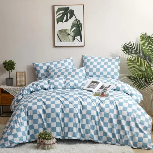 KAREVER Juego de edredón azul y blanco a cuadros, juego de ropa de cama para niñas, juego de edredón a cuadros azul y blanco, manta para niños,