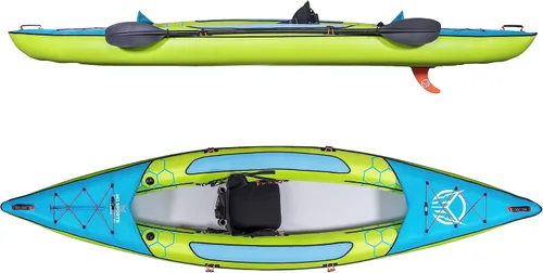 HO Sports Beacon - Kayak inflable con bomba de mano, paleta ajustable y bolsa de transporte, asiento ergonómico de respaldo alto con soporte de