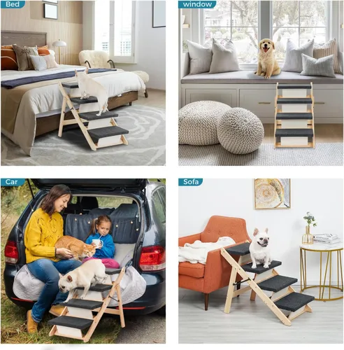 Miniatura 9 de MEWANG Escaleras y Rampa de Madera para Mascotas para Perros y Gatos Pequeños/Medianos, Mascotas Mayores – 3 en 1 Plegable, Portátil, Escalera