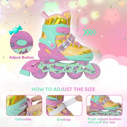 Miniatura 2 de Mammygol Patines en línea para niñas y niños, 4 tamaños ajustables para niñas de 3 a 12 años con ruedas iluminadas y protección de seguridad, regalo