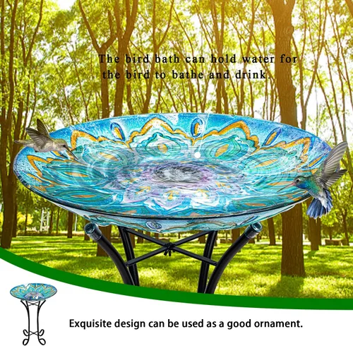 Miniatura 4 de Baño de pájaros de vidrio al aire libre con soporte de metal para decoración de césped, jardín y patio, solar, grande, baño de pájaros pavo real
