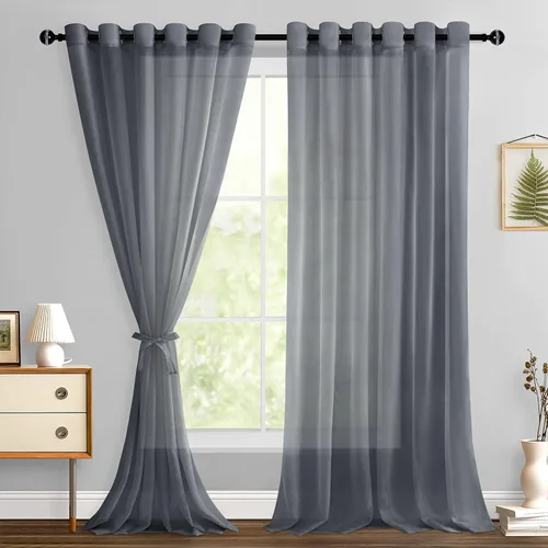 Miniatura 21 de Hiasan - Cortinas traslúcidas de gasa cortas semitransparentes con ojales y alzapaños filtrantes de luz para ventana, dormitorio, baño, 2 paneles
