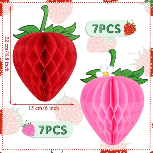 Miniatura 6 de Epakh 14 piezas de decoración de fiesta de fresa de 6 pulgadas, pompones de seda, bolas de panal, faroles de fresa de papel, guirnalda para pastel