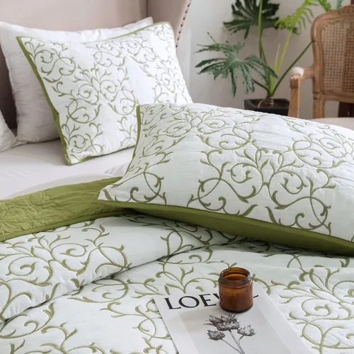 Miniatura 5 de Mixinni - Juego de edredón reversible de reina de 3 piezas con patrón de bordado verde elegante 1 - Patrón # Verde