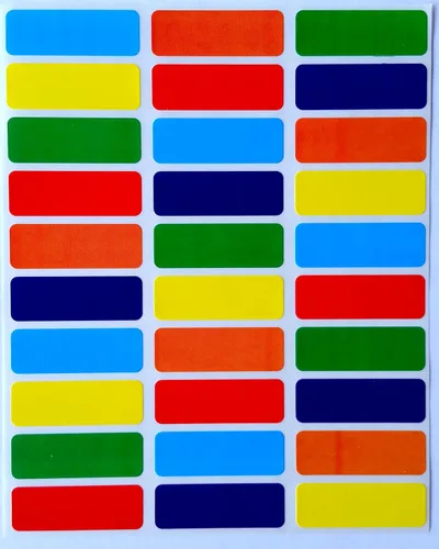 Etiquetas rectangulares de codificación de colores de 1 3/8 pulgadas por 1/2 pulgadas, colores surtidos, 6 colores: azul, morado, verde, naranja,