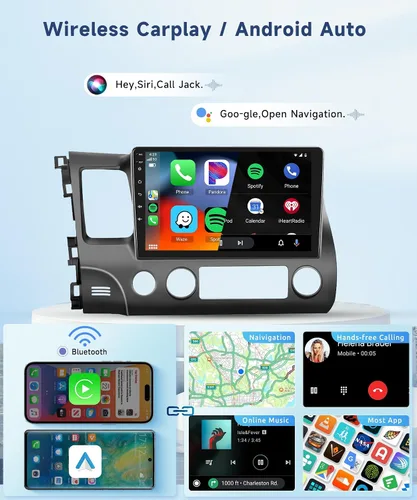 Miniatura 3 de Estéreo de coche 2G+32G para Honda Civic 2006 2007 2008 2009 2010 2011 con Carplay inalámbrico Android Auto, radio de coche Android de pantalla