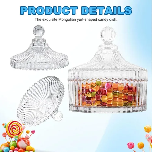 Miniatura 4 de QUUPY Plato de cristal esmaltado para dulces con tapa en forma de yurta, cuenco de servidor de azúcar de cristal, caja de tarro de galletas