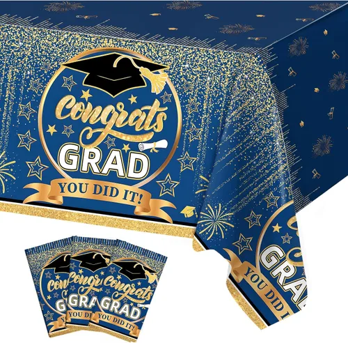 Staraise Mantel de graduación de 3 piezas para decoraciones de graduación 2026, mantel de plástico azul y dorado, mantel de graduación desechable