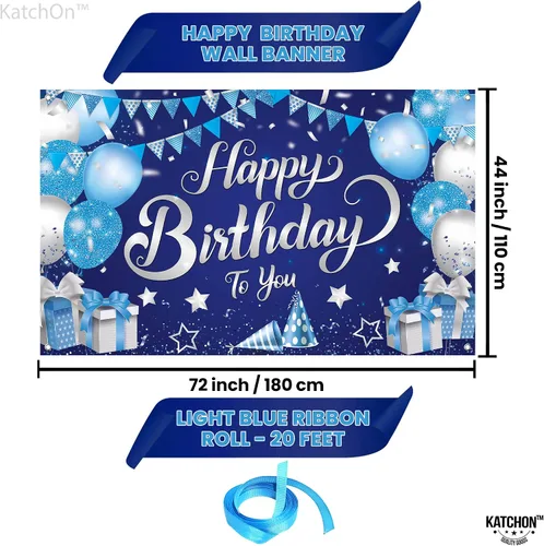 Miniatura 2 de KatchOn, Cartel de feliz cumpleaños plateado y azul, extragrande, 72 x 44 pulgadas, pancarta de fondo para decoraciones de feliz cumpleaños