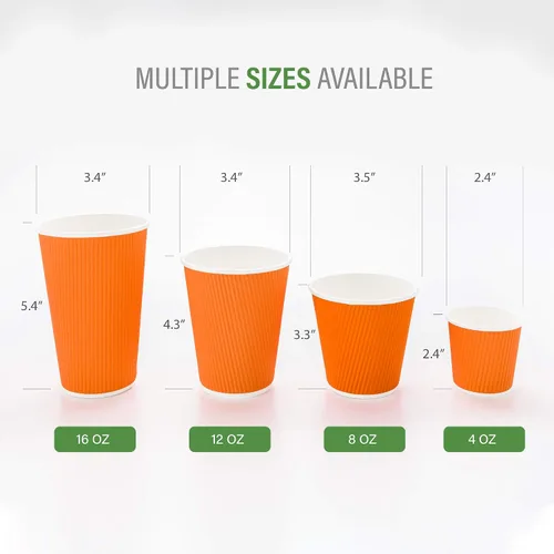 Miniatura 3 de Restaurantware Tazas de café desechables de pared ondulada de 16 onzas, 500 vasos de papel naranja aislados, diseño de borde enrollado, las tapas se