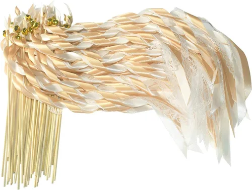 Kingsnow Paquete de 50 varitas de cinta de encaje color champán, serpentinas de fiesta con campanas, varita de hada de seda, recuerdos de fiesta