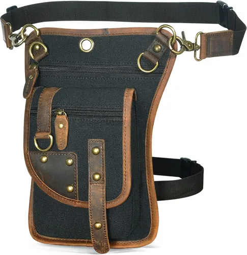 Handadsume Lona resistente al agua + cuero para motocicleta, viajes, riñonera de viaje, bolsa de pierna para hombres y mujeres FB2141, 2141-negro,
