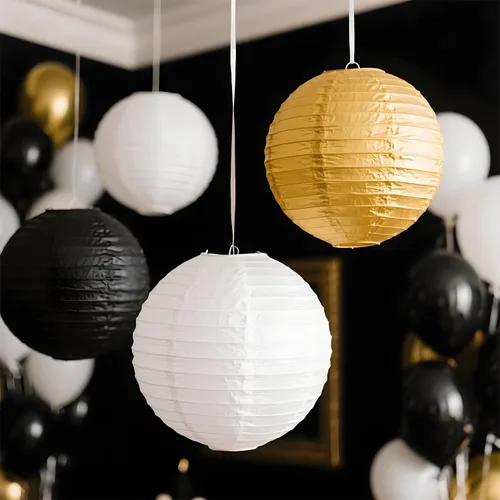 Miniatura 3 de Faroles de papel blanco y negro, 12 linternas chinas colgantes para boda, cumpleaños, baby shower, Navidad, graduación, aniversario, despedida