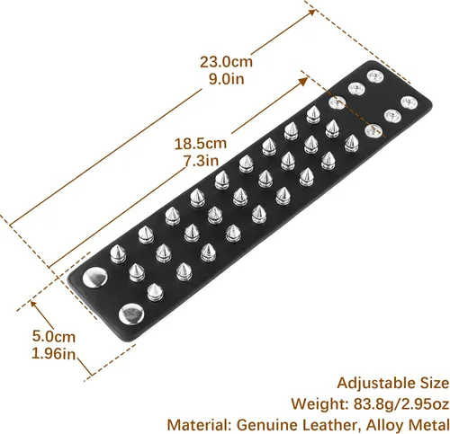 Miniatura 6 de HZMAN Brazalete unisex negro con pinchos de metal estilo punk/rock, correa ancha de cuero