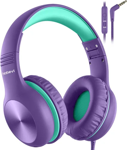 Miniatura 14 de Nabevi Auriculares para niños con cable, auriculares sobre la oreja para niños con micrófono, límite de volumen de 85/94 dB, auriculares para niños