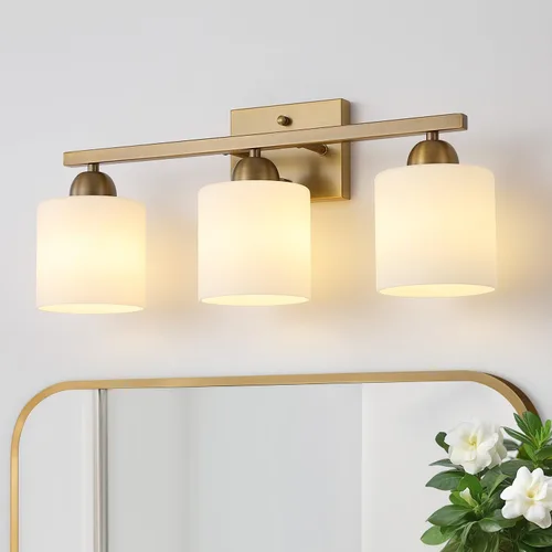 Miniatura 13 de Mecgirn Luces de tocador de vidrio de leche de acero inoxidable para baño, 2 lámparas de baño doradas claras sobre espejo, enchufes E26 de cerámica