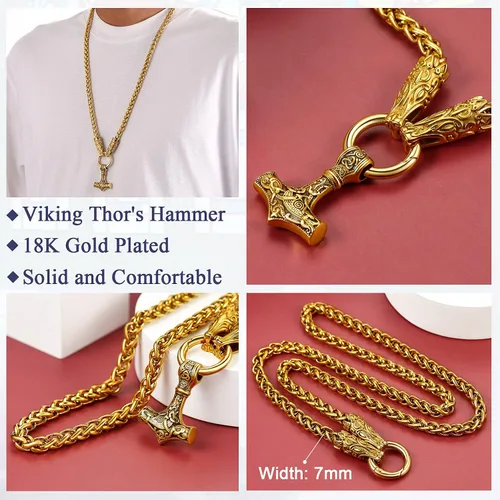 Miniatura 5 de FaithHeart Collar punk nórdico vikingo para hombre, collar grueso, acero inoxidable, Mjolnirnudo celta, cabeza de lobo, colgante de amuleto, joyería